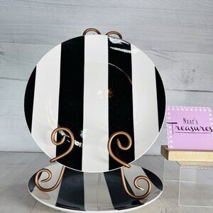 Fiorella STRIPED Black & White Porcelain Ceramic 10.5" Coupe Dinner Plates Set 2